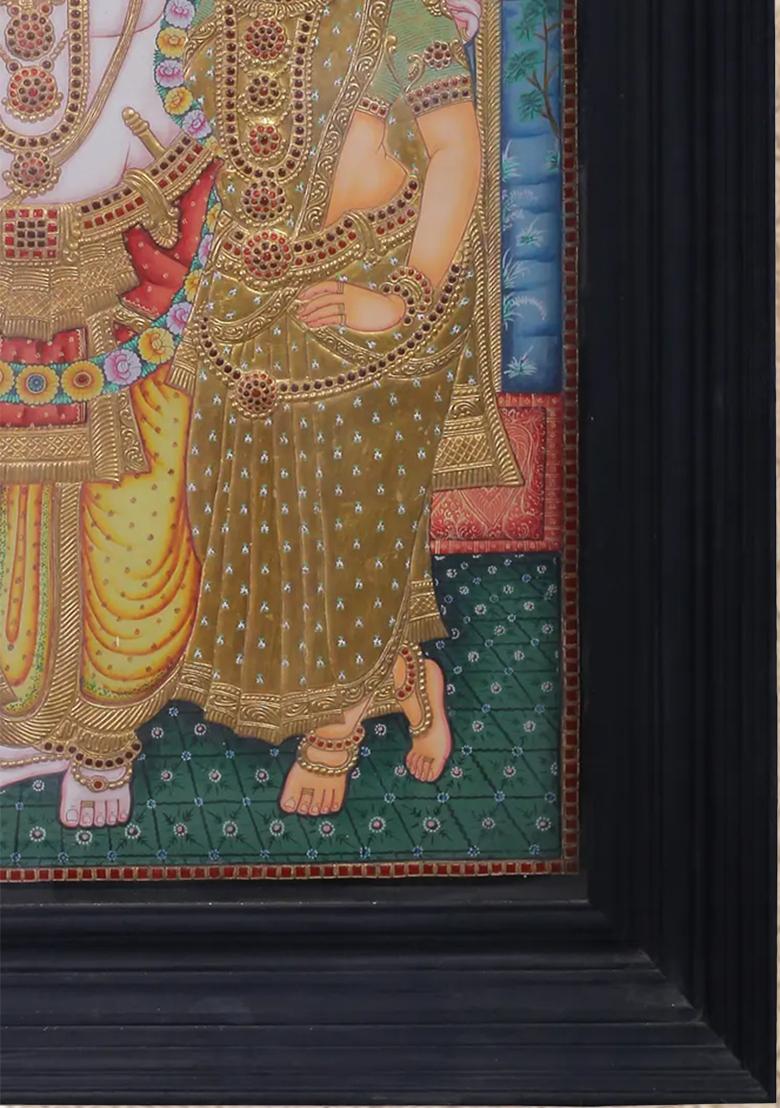 Krishna With Rukmini Satyabhama Tanjore Painting 24K Gold