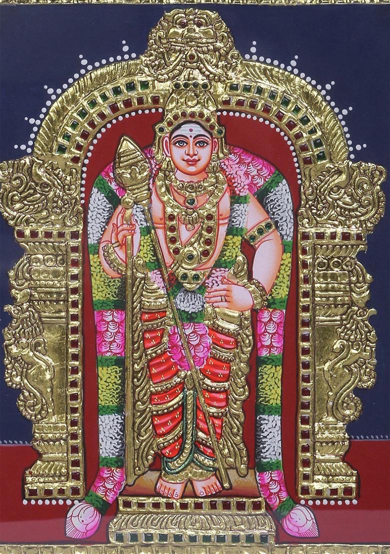 Standing Lord Kikeya Tanjore Painting Warrior In 24K Gold