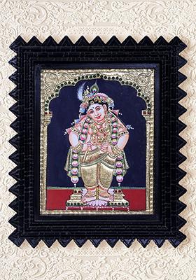 Standing Navaneeta Krishna Tanjore Painting 24K Gold