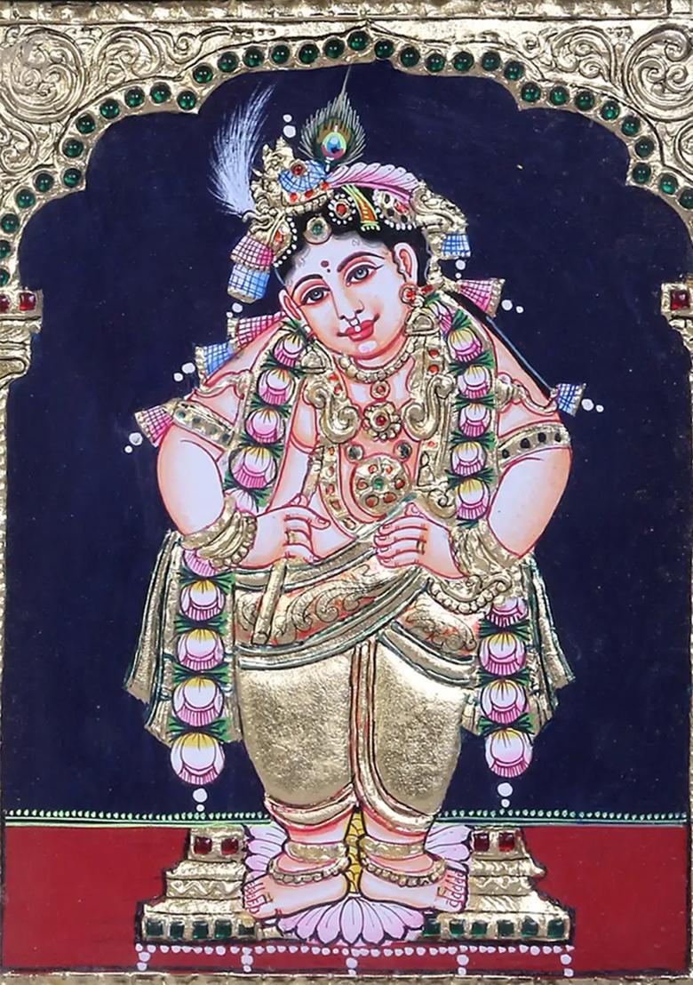 Standing Navaneeta Krishna Tanjore Painting 24K Gold