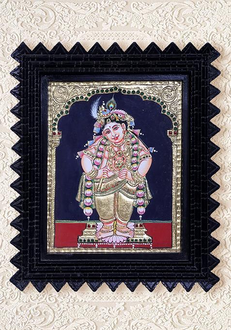 Standing Navaneeta Krishna Tanjore Painting 24K Gold
