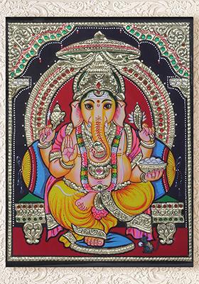 Lord Ganesha Seated Tanjore Painting In 24K Gold