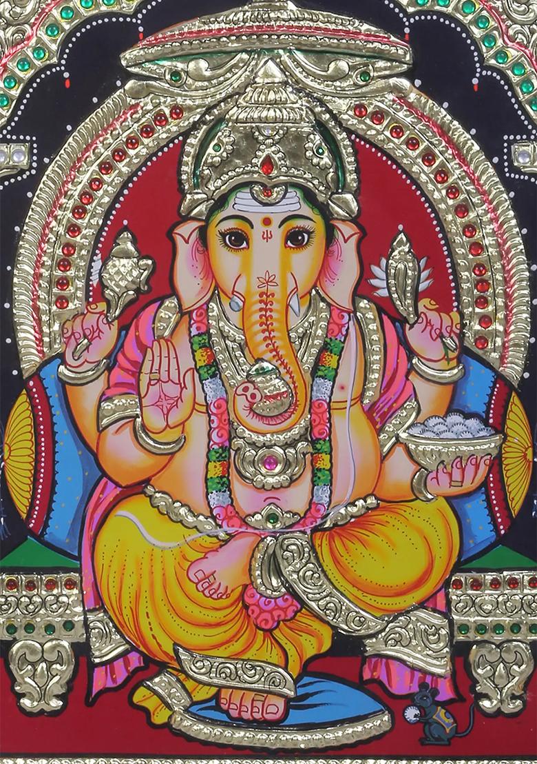 Lord Ganesha Seated Tanjore Painting In 24K Gold