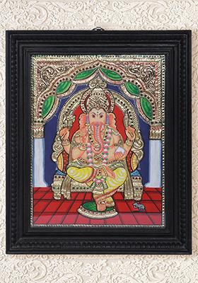 Seated Lord Ganesha Tanjore Painting 24K Gold