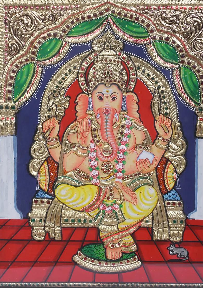 Seated Lord Ganesha Tanjore Painting 24K Gold