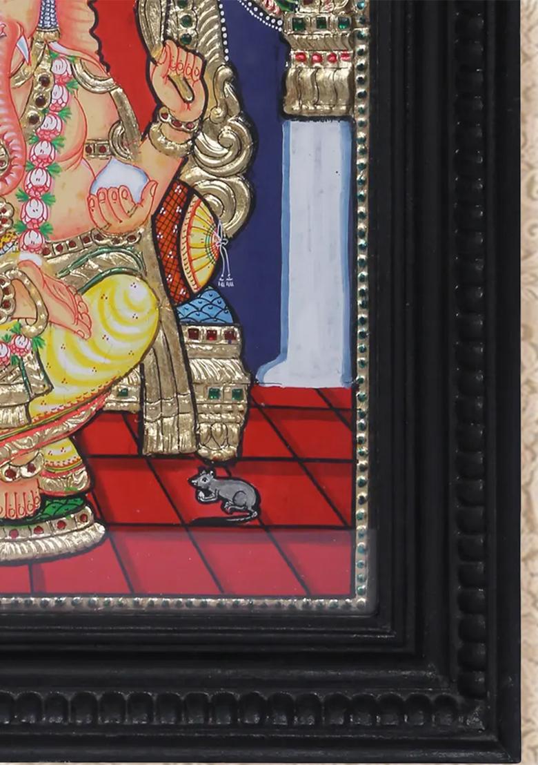 Seated Lord Ganesha Tanjore Painting 24K Gold