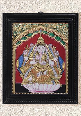 Lord Ganesha Seated Tanjore Painting 24K Gold