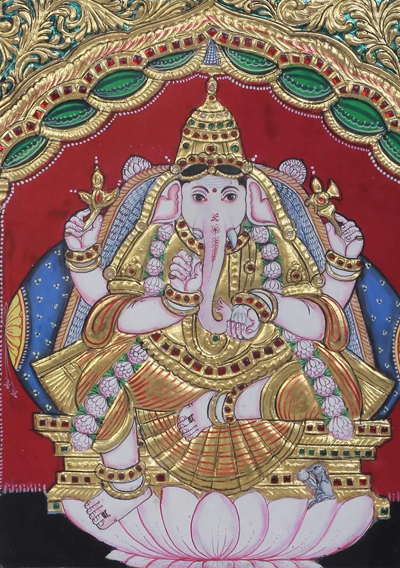 Lord Ganesha Seated Tanjore Painting 24K Gold