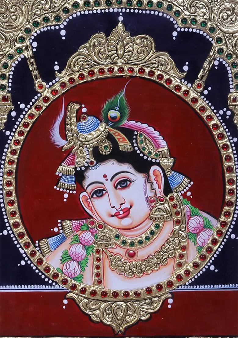 Lord Krishna Face Tanjore Painting 24K Gold