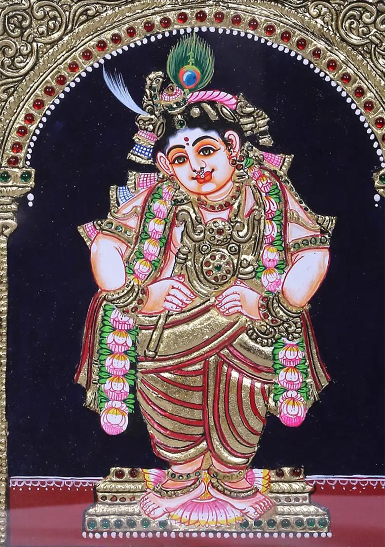 Standing Navaneeta Krishna Tanjore Painting 24K Gold