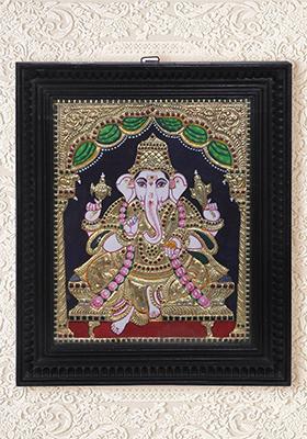 Seated Lord Ganesha Tanjore Painting 24K Gold