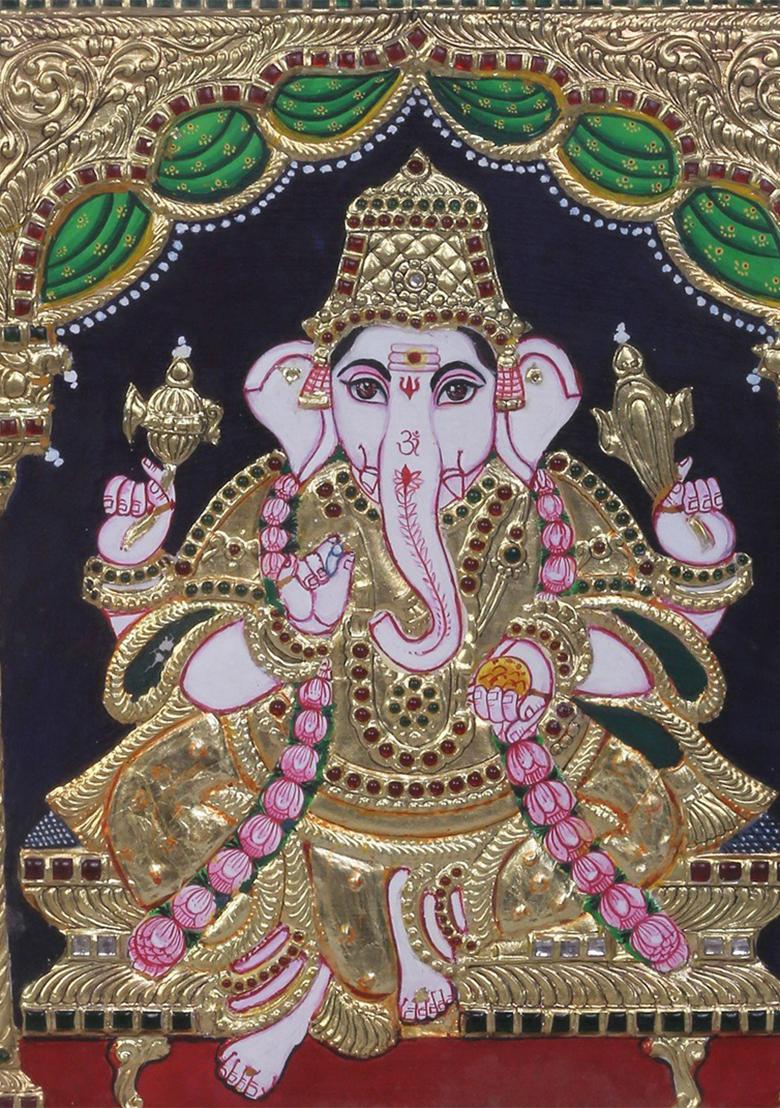 Seated Lord Ganesha Tanjore Painting 24K Gold