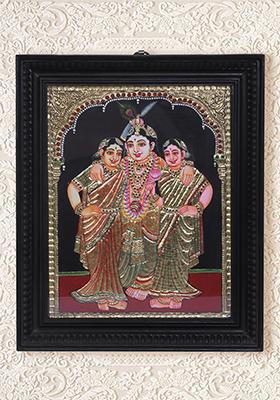 Lord Krishna With Satyabhama Rukmini Tanjore Painting 24K Gold