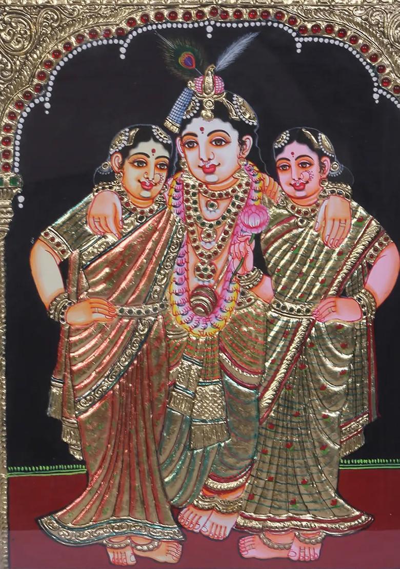 Lord Krishna With Satyabhama Rukmini Tanjore Painting 24K Gold