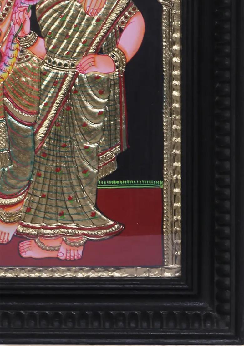 Lord Krishna With Satyabhama Rukmini Tanjore Painting 24K Gold