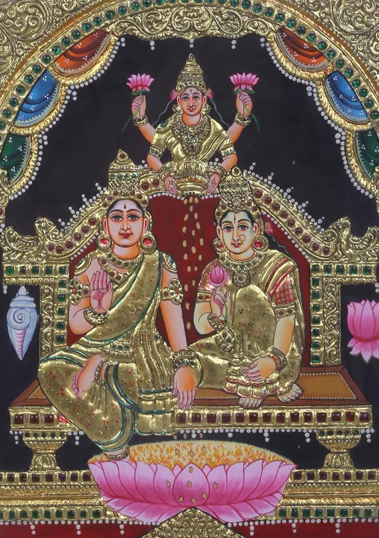 Lord Kubera Bhadra Goddess Lakshmi Tanjore Painting 24K Gold