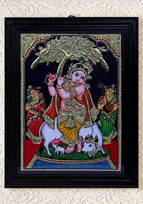 Baal Krishna Playing Flute With Cow Tanjore Painting
