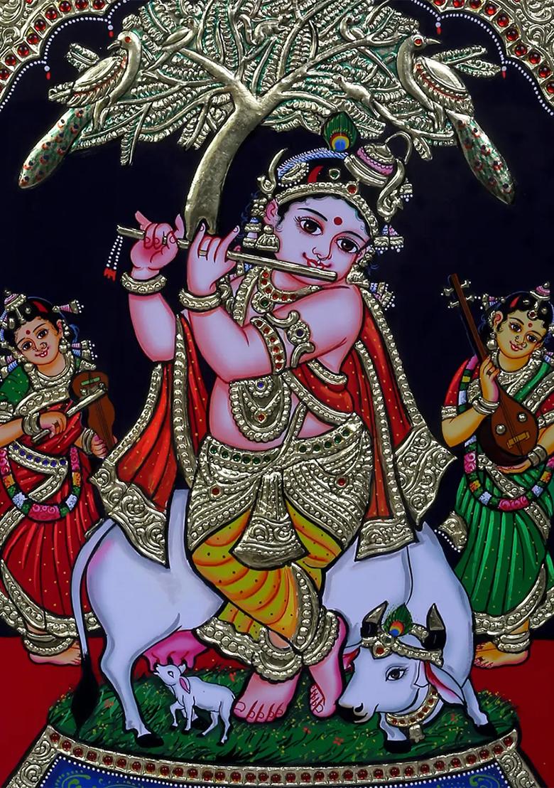 Baal Krishna Playing Flute With Cow Tanjore Painting