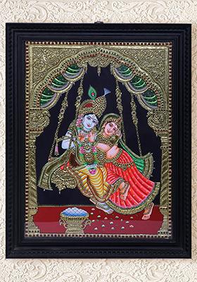 Radha Krishna On Swing Tanjore Painting