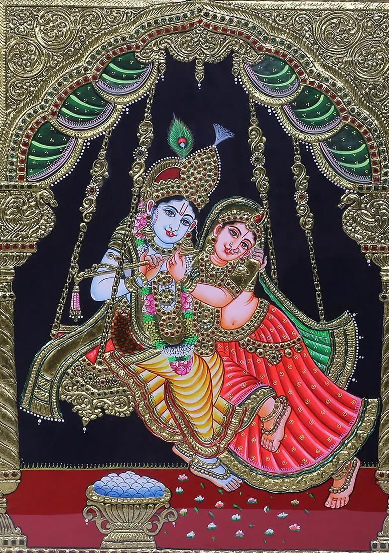 Radha Krishna On Swing Tanjore Painting