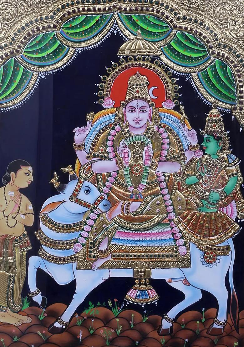 Shiva Parvati On Nandi Tanjore Painting