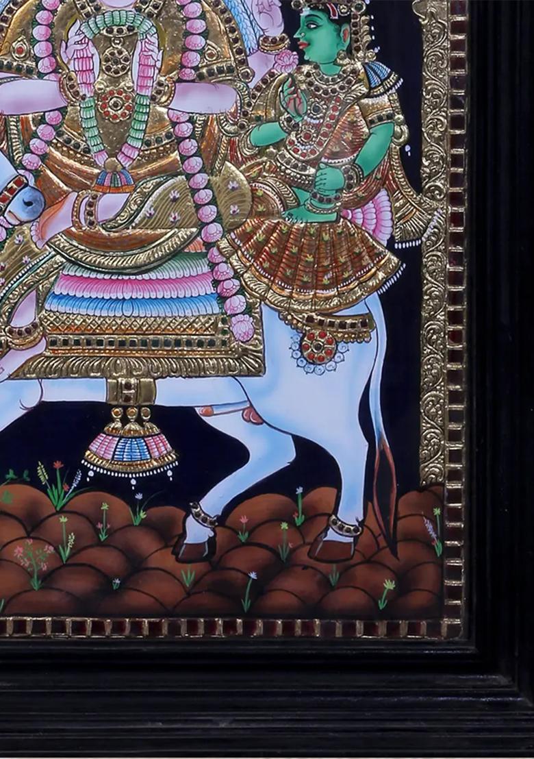 Shiva Parvati On Nandi Tanjore Painting