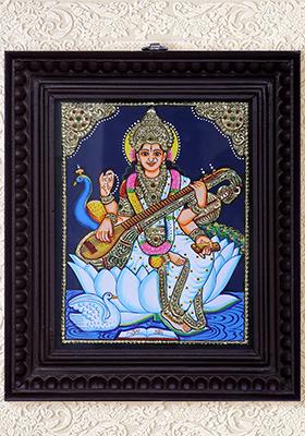 Goddess Saraswati Tanjore Painting 24K Gold