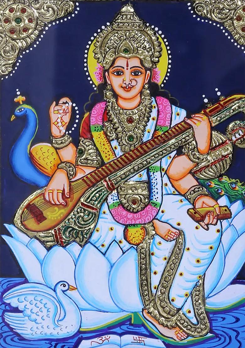 Goddess Saraswati Tanjore Painting 24K Gold