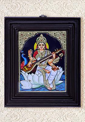 Goddess Saraswati Tanjore Painting 24K Gold