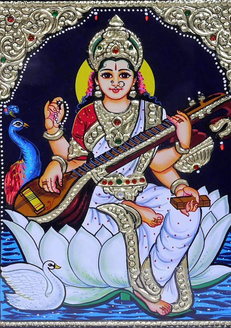 Goddess Saraswati Tanjore Painting 24K Gold
