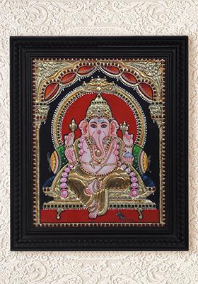 Seated Lord Ganesha Tanjore Painting 24K Gold