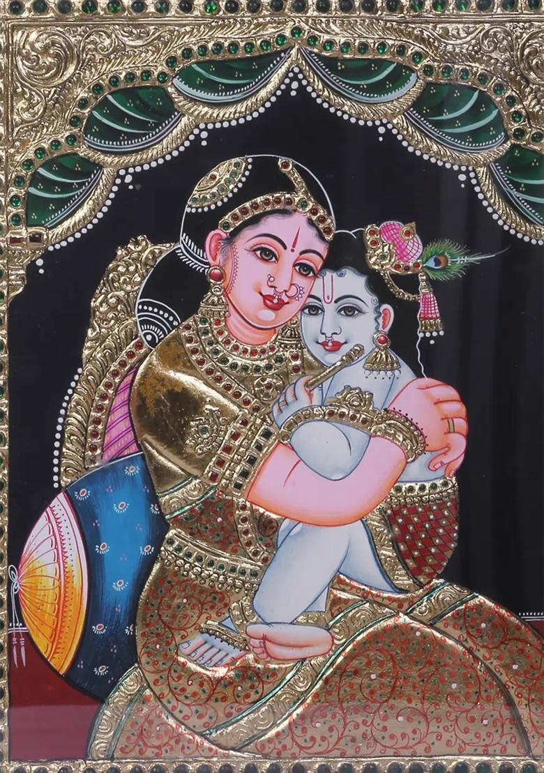 Baby Krishna With Maa Yashoda Tanjore Painting 24K Gold