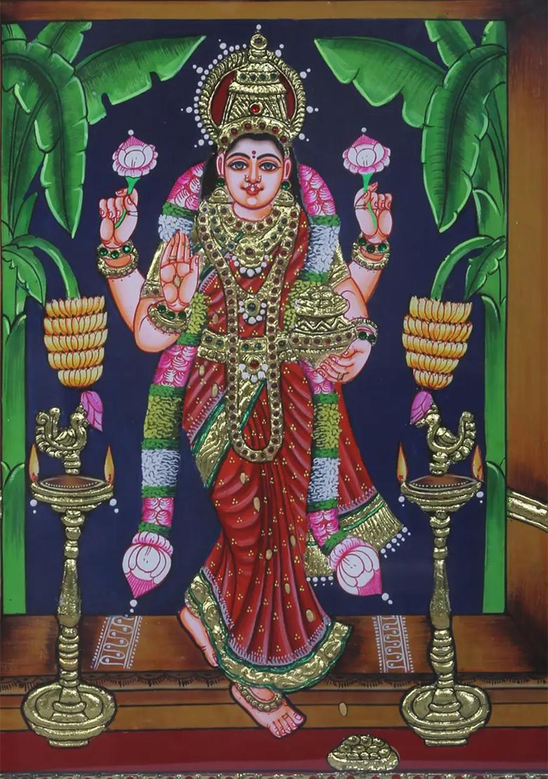 Standing Goddess Lakshmi Tanjore Painting 24K Gold