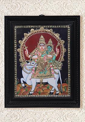 Lord Shiva Goddess Parvati On Nandi 24K Gold Tanjore Painting