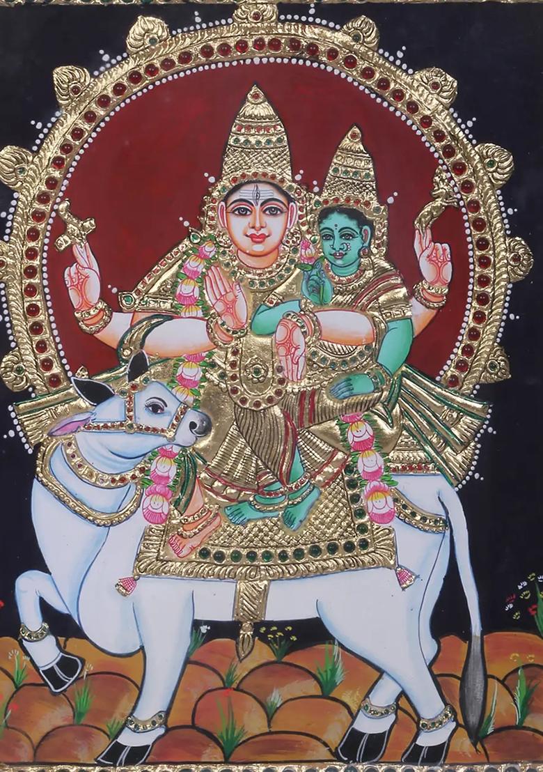 Lord Shiva Goddess Parvati On Nandi 24K Gold Tanjore Painting