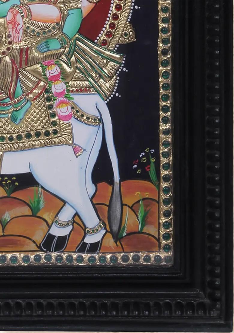 Lord Shiva Goddess Parvati On Nandi 24K Gold Tanjore Painting