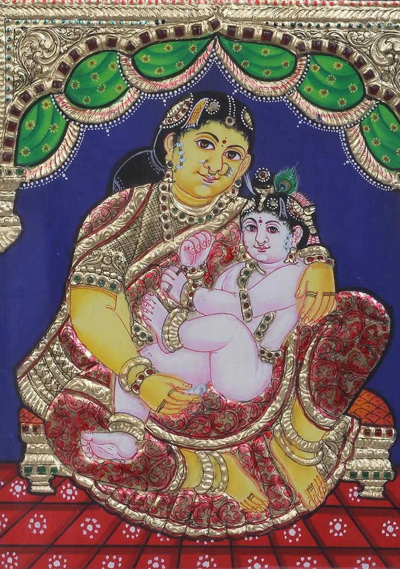 Baby Krishna With Maa Yashoda Tanjore Painting 24K Gold