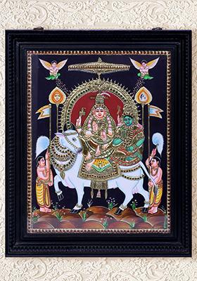 Shiva Parvati On Nandi Tanjore Painting 24K Gold