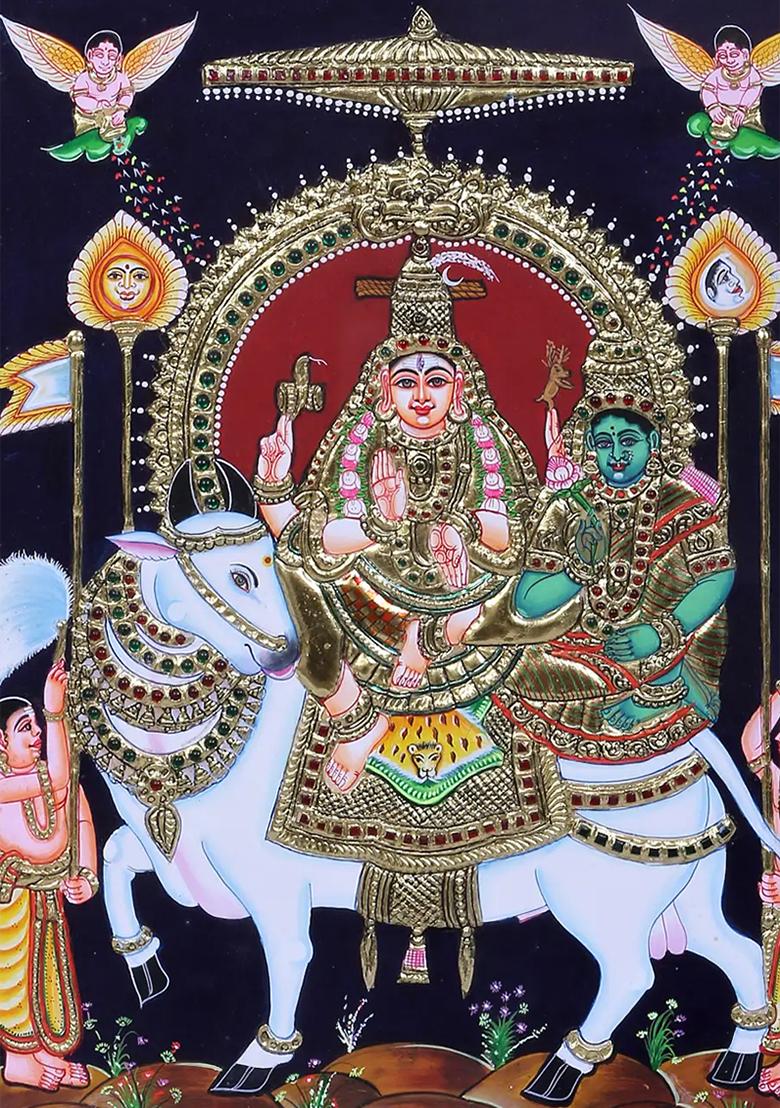 Shiva Parvati On Nandi Tanjore Painting 24K Gold