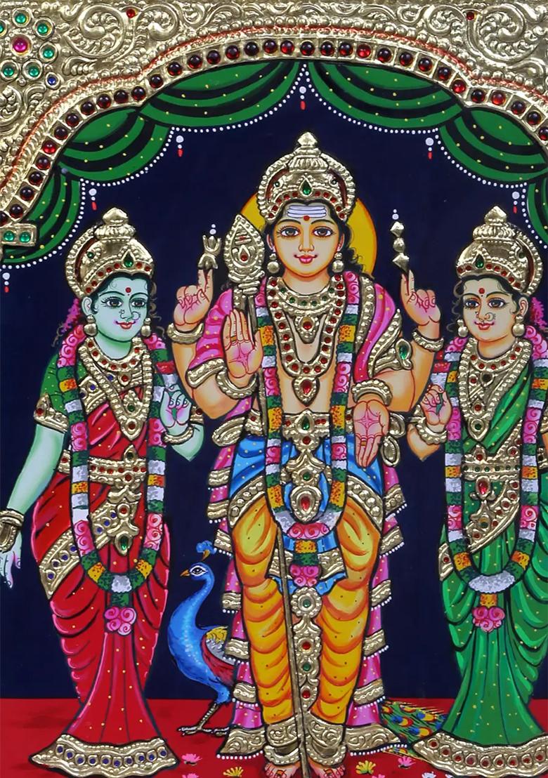 Lord Kikeya With Wives Valli Devasena Tanjore Painting