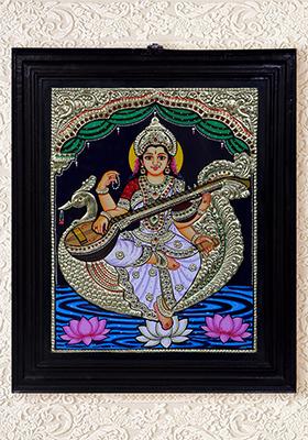 Lord Kikeya With Wives Valli Devasena Tanjore Painting