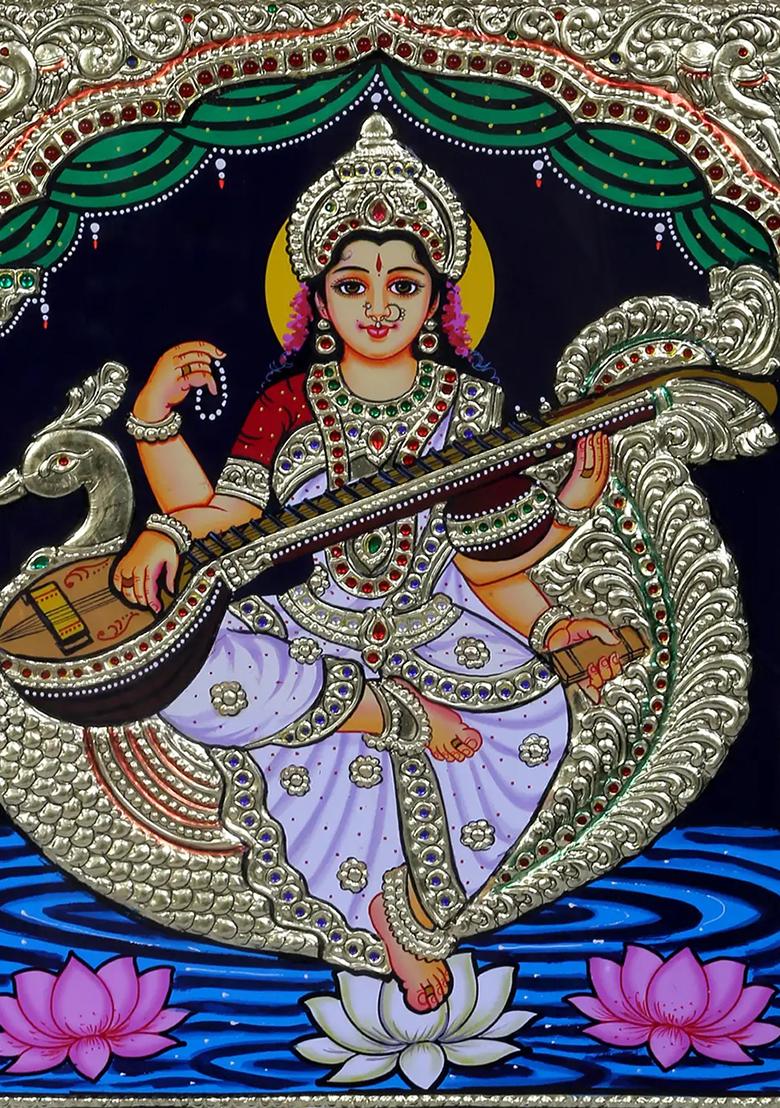 Lord Kikeya With Wives Valli Devasena Tanjore Painting