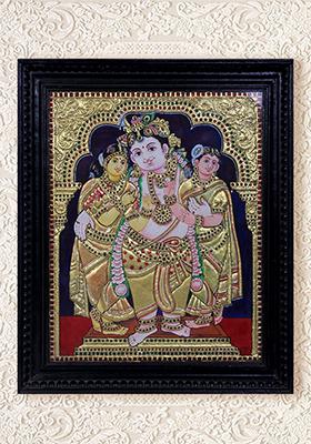 Lord Krishna With Wives Satyabhama Rukmini Tanjore Painting