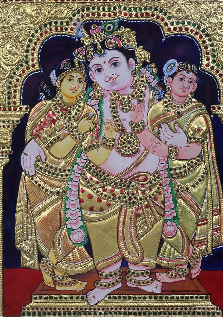 Lord Krishna With Wives Satyabhama Rukmini Tanjore Painting