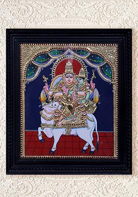 Shiva Shakti With Nandi Vibrant Tamil Nadu Tanjore Painting