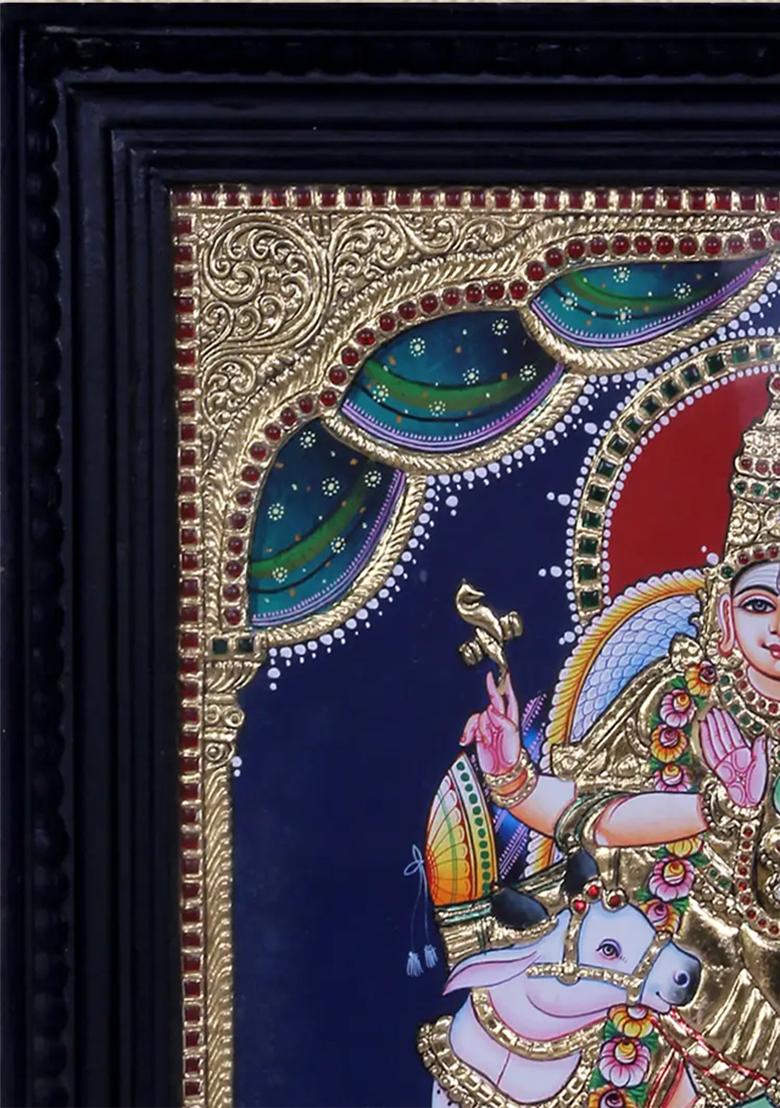 Shiva Shakti With Nandi Vibrant Tamil Nadu Tanjore Painting