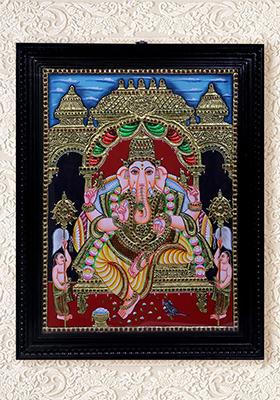 Ganesha Seated Tanjore Painting 24K Gold