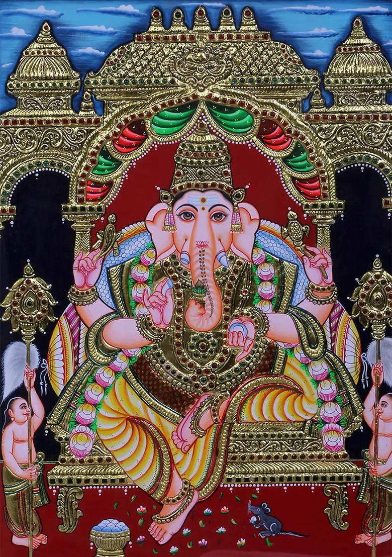 Ganesha Seated Tanjore Painting 24K Gold