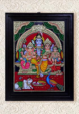 Sacred Shiva Family Tanjore Painting 24K Gold