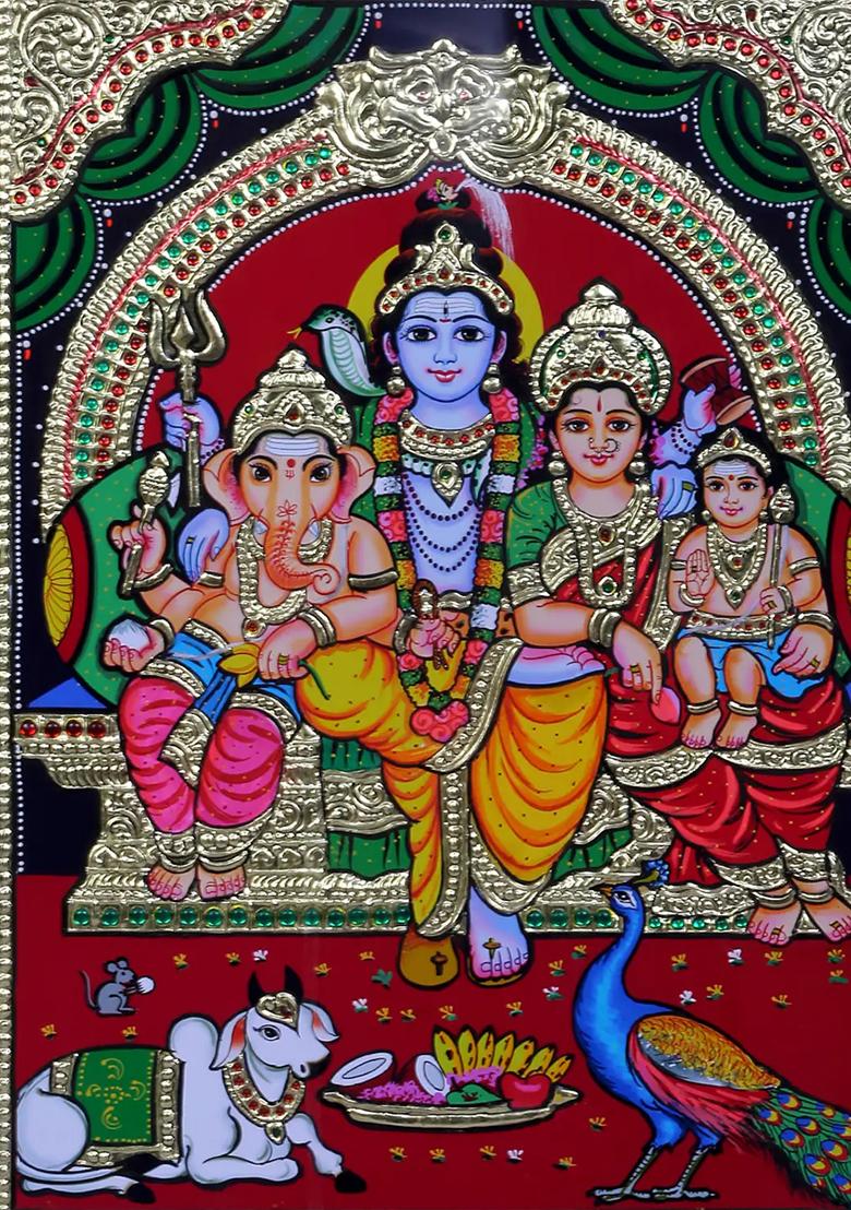 Sacred Shiva Family Tanjore Painting 24K Gold
